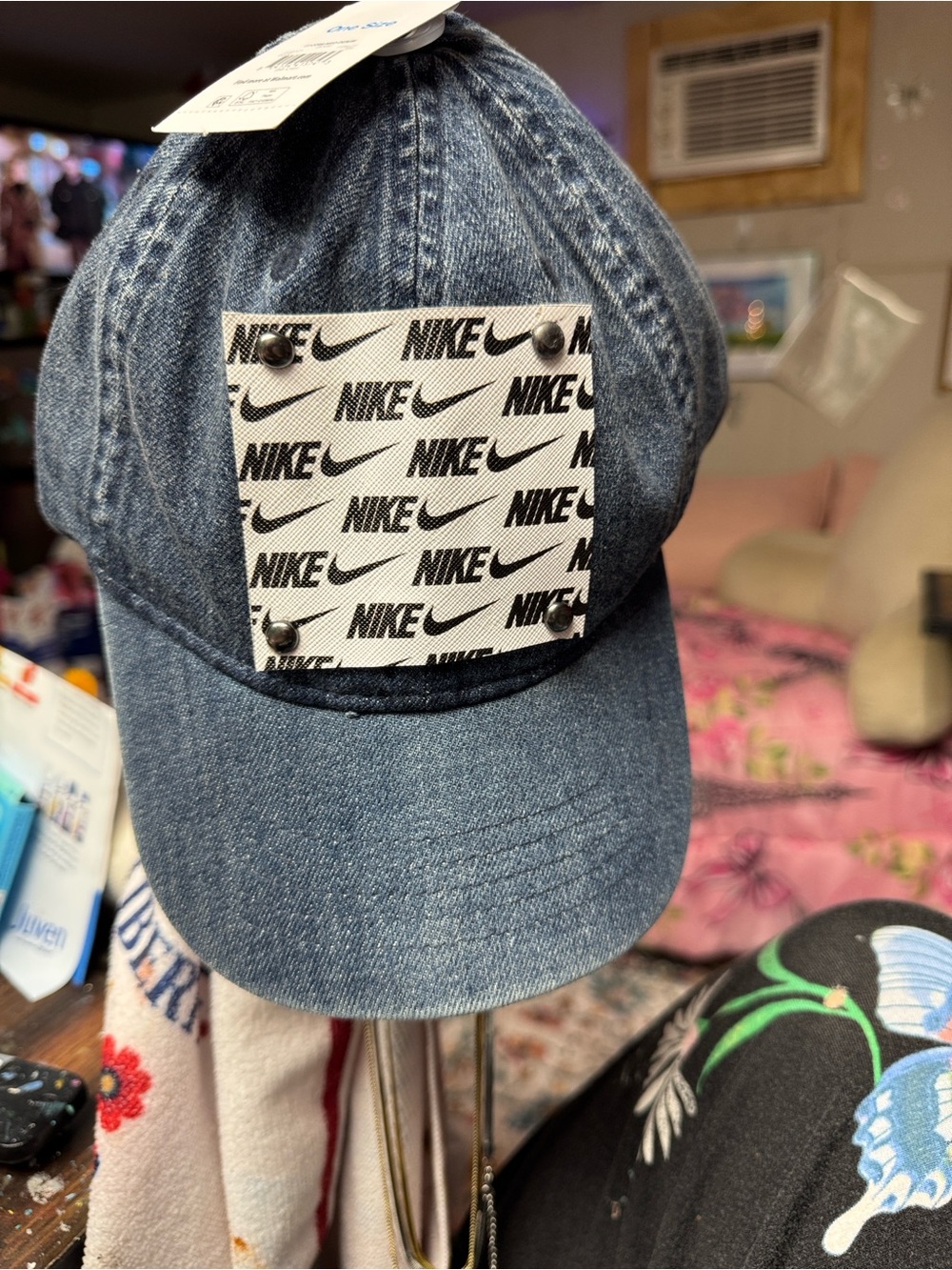 Blue Denim Baseball Cap with Repeating Logo Patch
